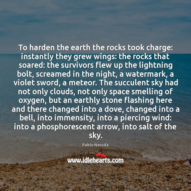 To harden the earth the rocks took charge: instantly they grew wings: Pablo Neruda Picture Quote
