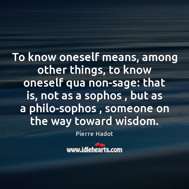 To know oneself means, among other things, to know oneself qua non-sage: Pierre Hadot Picture Quote