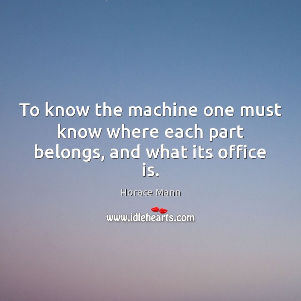 To know the machine one must know where each part belongs, and what its office is. Horace Mann Picture Quote