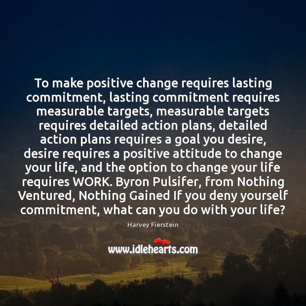 To make positive change requires lasting commitment, lasting commitment requires measurable targets, Positive Attitude Quotes Image