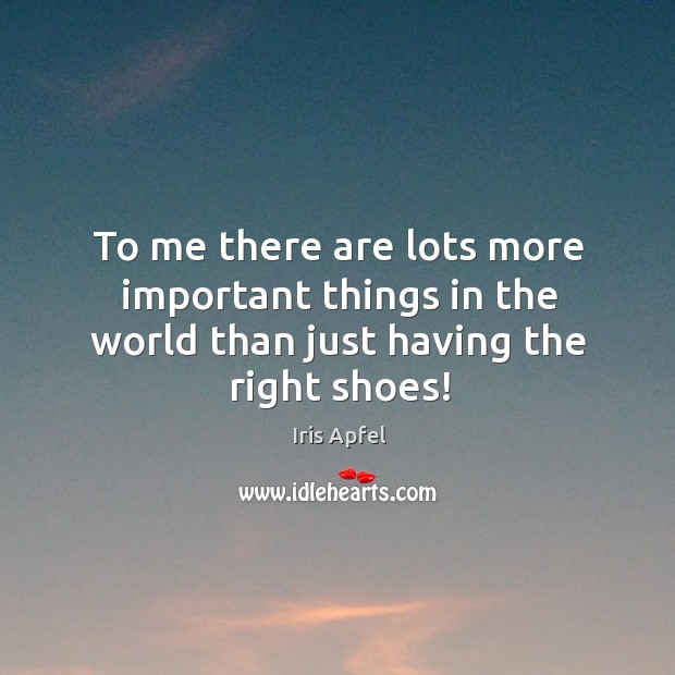 To me there are lots more important things in the world than just having the right shoes! Iris Apfel Picture Quote