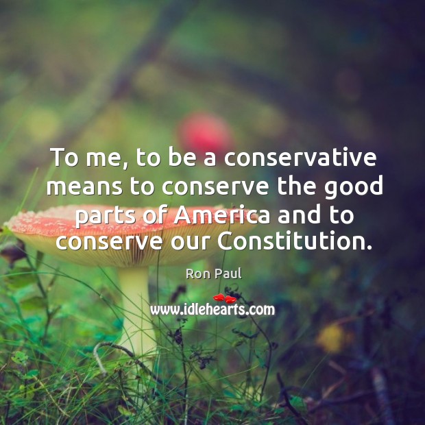 To me, to be a conservative means to conserve the good parts of america and to conserve our constitution. Ron Paul Picture Quote