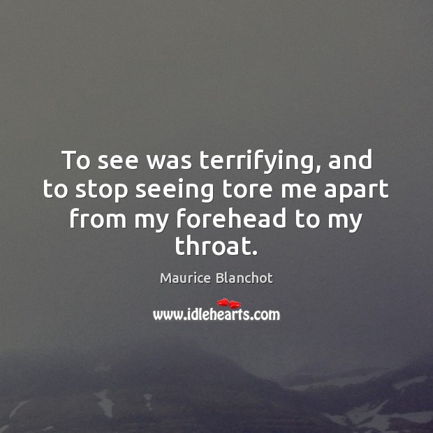 To see was terrifying, and to stop seeing tore me apart from my forehead to my throat. Maurice Blanchot Picture Quote