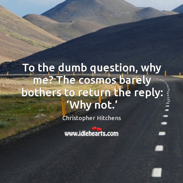 To the dumb question, why me? the cosmos barely bothers to return the reply: ‘why not.’ Christopher Hitchens Picture Quote