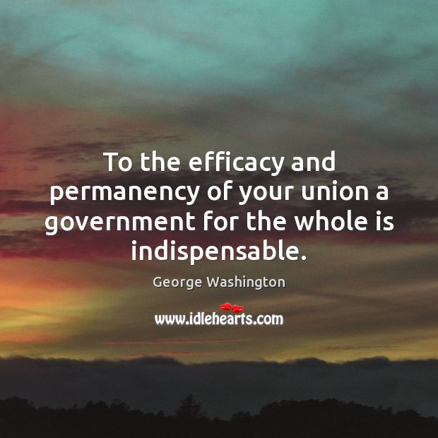 To the efficacy and permanency of your union a government for the whole is indispensable. George Washington Picture Quote
