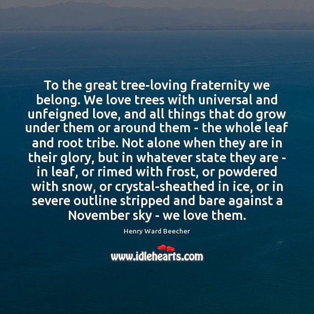 To the great tree-loving fraternity we belong. We love trees with universal Henry Ward Beecher Picture Quote
