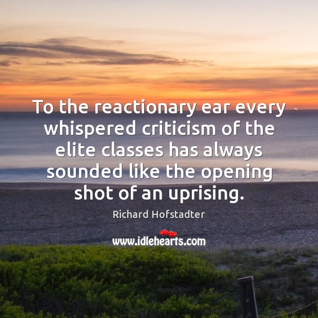 To the reactionary ear every whispered criticism of the elite classes has Richard Hofstadter Picture Quote