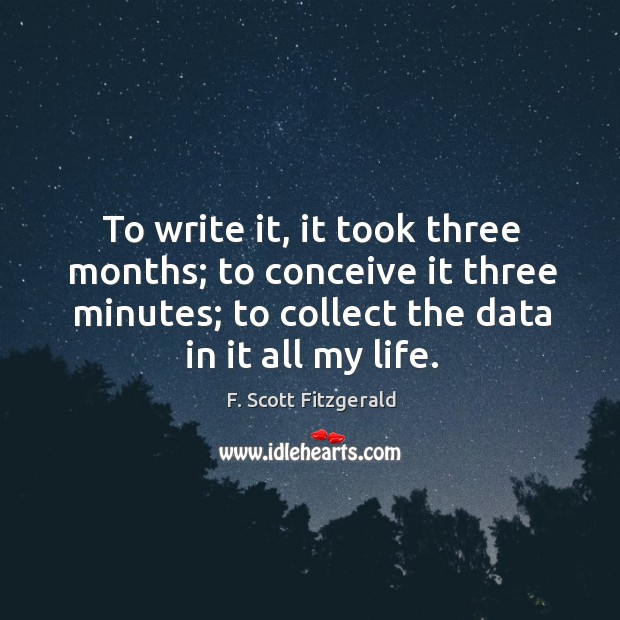 To write it, it took three months; to conceive it three minutes; to collect the data in it all my life. F. Scott Fitzgerald Picture Quote