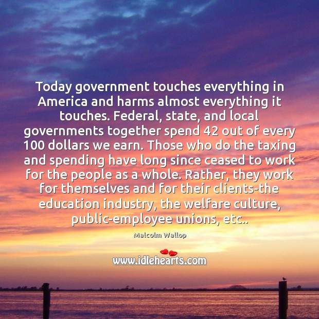 Today government touches everything in America and harms almost everything it touches. Malcolm Wallop Picture Quote