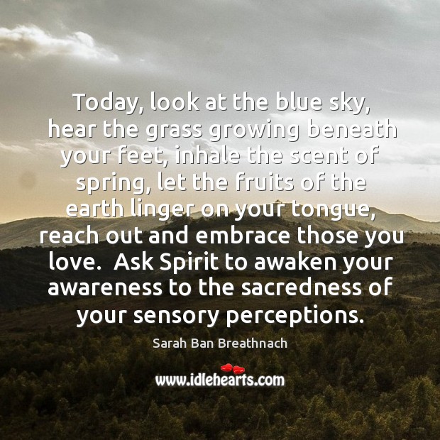 Today, look at the blue sky, hear the grass growing beneath your Sarah Ban Breathnach Picture Quote