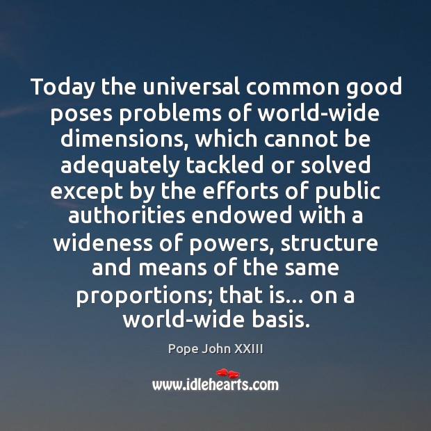 Today the universal common good poses problems of world-wide dimensions, which cannot Pope John XXIII Picture Quote