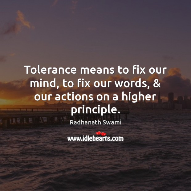 Tolerance means to fix our mind, to fix our words, & our actions on a higher principle. Radhanath Swami Picture Quote