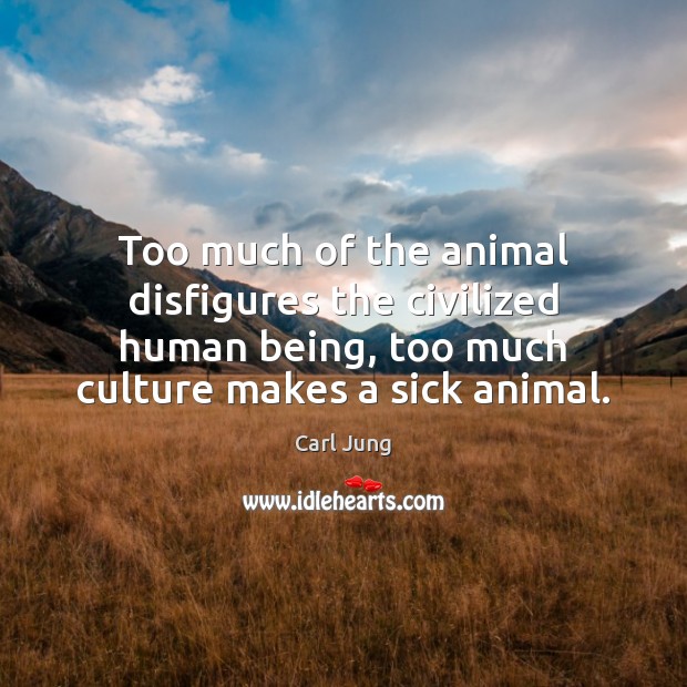 Too much of the animal disfigures the civilized human being, too much Carl Jung Picture Quote