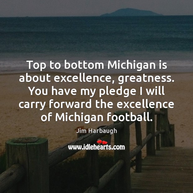 Top to bottom Michigan is about excellence, greatness. You have my pledge Jim Harbaugh Picture Quote