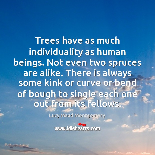 Trees have as much individuality as human beings. Not even two spruces Lucy Maud Montgomery Picture Quote