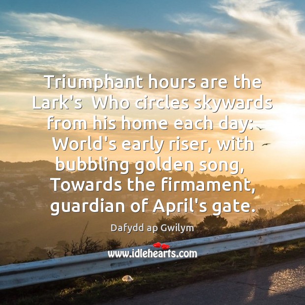 Triumphant hours are the Lark’s  Who circles skywards from his home each Dafydd ap Gwilym Picture Quote