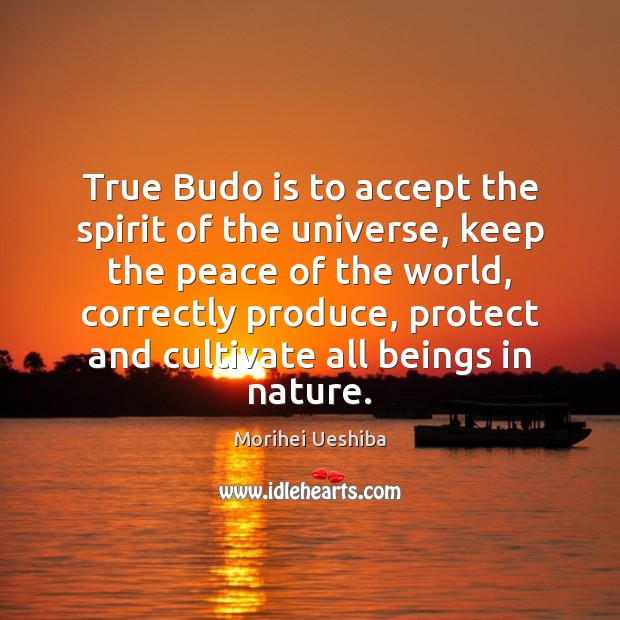 True Budo is to accept the spirit of the universe, keep the Morihei Ueshiba Picture Quote
