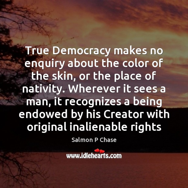 True Democracy makes no enquiry about the color of the skin, or Salmon P Chase Picture Quote