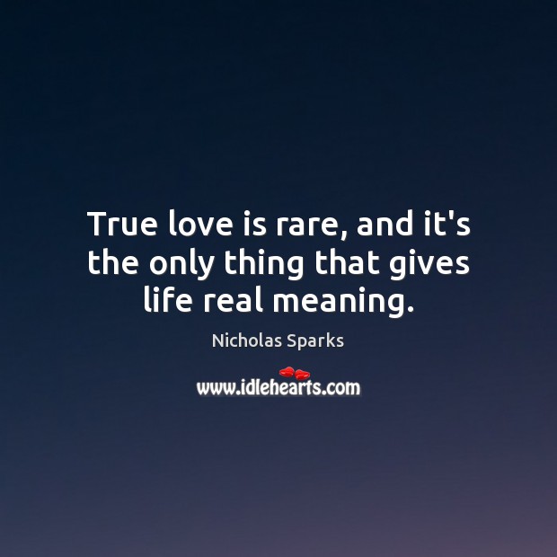 True love is rare, and it’s the only thing that gives life real meaning. Nicholas Sparks Picture Quote