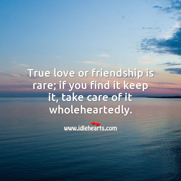 True love or friendship is rare; if you find it keep it, take care of it wholeheartedly. True Love Quotes Image