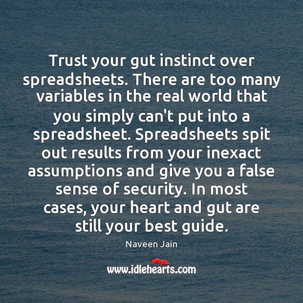 Trust your gut instinct over spreadsheets. There are too many variables in Naveen Jain Picture Quote
