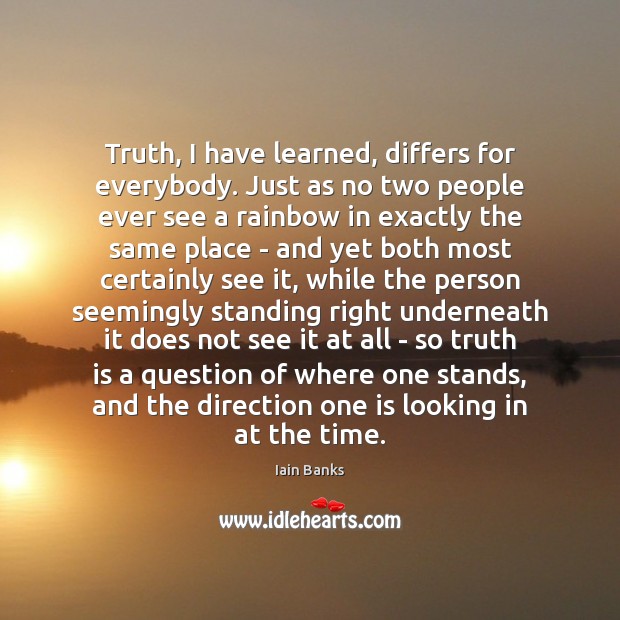 Truth, I have learned, differs for everybody. Just as no two people Iain Banks Picture Quote