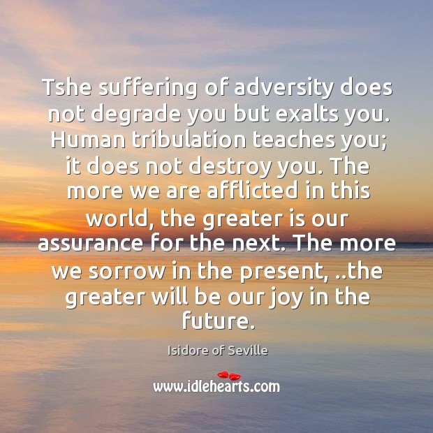 Tshe suffering of adversity does not degrade you but exalts you. Human Isidore of Seville Picture Quote