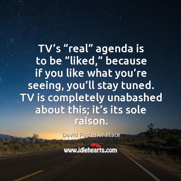 Tv’s “real” agenda is to be “liked,” because if you like what you’re seeing, you’ll stay tuned. David Foster Wallace Picture Quote
