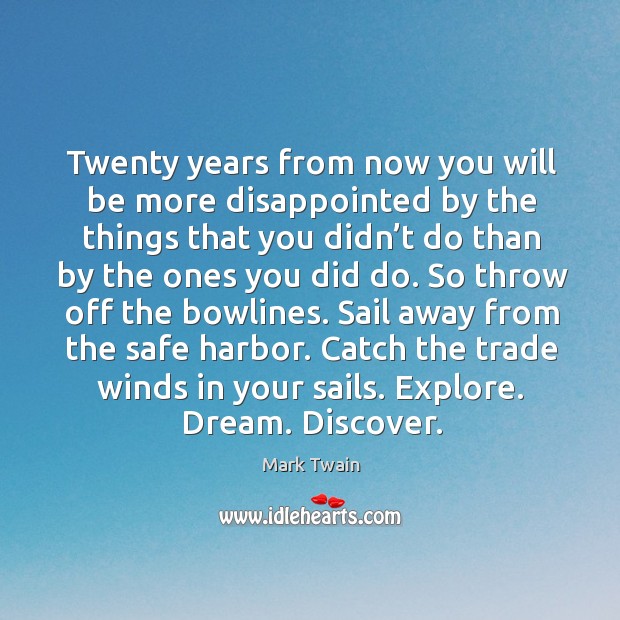 Twenty years from now you will be more disappointed by the things that you didn’t do than by the ones you did do. Mark Twain Picture Quote