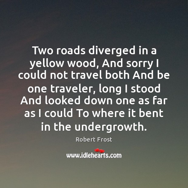 Two roads diverged in a yellow wood, And sorry I could not Robert Frost Picture Quote