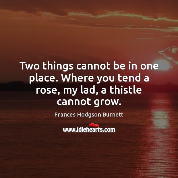 Two things cannot be in one place. Where you tend a rose, my lad, a thistle cannot grow. Frances Hodgson Burnett Picture Quote