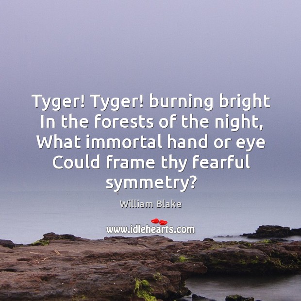 Tyger! Tyger! burning bright In the forests of the night, What immortal William Blake Picture Quote