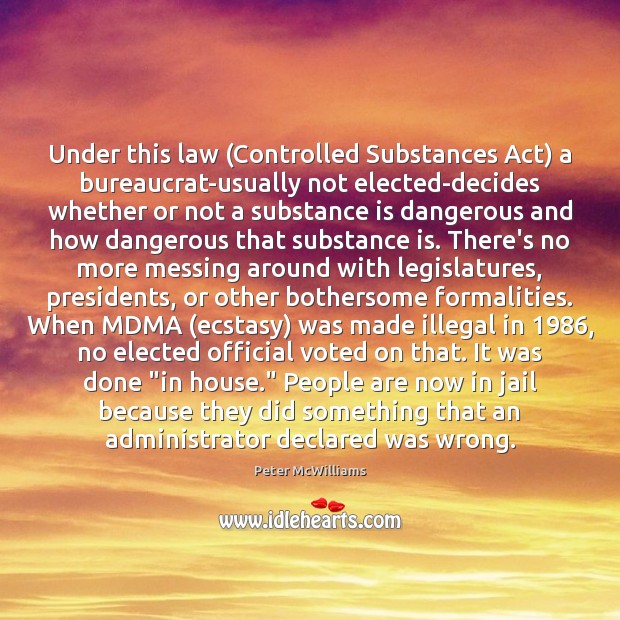 Under this law (Controlled Substances Act) a bureaucrat-usually not elected-decides whether or Peter McWilliams Picture Quote