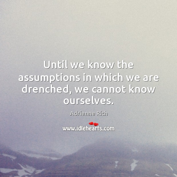Until we know the assumptions in which we are drenched, we cannot know ourselves. Adrienne Rich Picture Quote