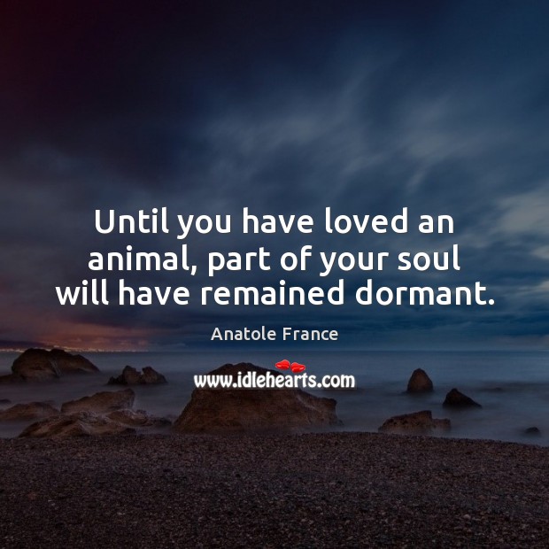 Until you have loved an animal, part of your soul will have remained dormant. Anatole France Picture Quote