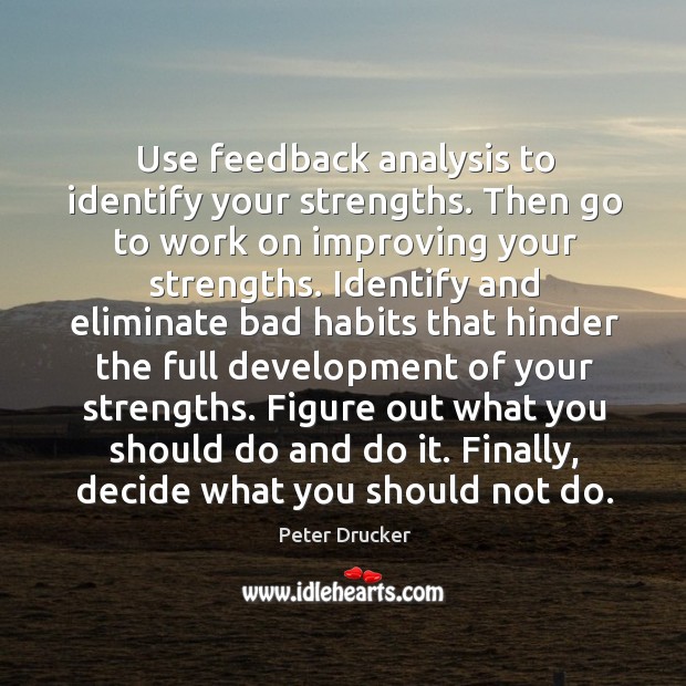 Use feedback analysis to identify your strengths. Then go to work on Peter Drucker Picture Quote
