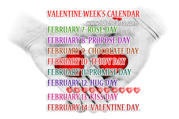 Valentine Week List. Feb 7th – 14th Calendar Image