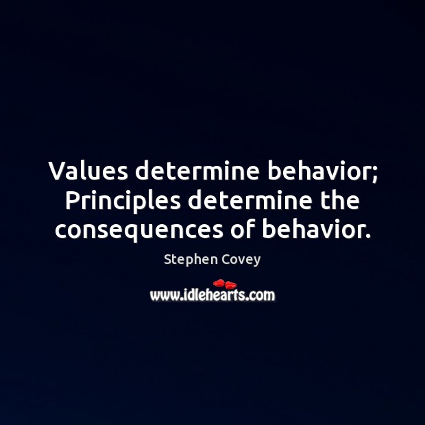 Values determine behavior; Principles determine the consequences of behavior. Stephen Covey Picture Quote