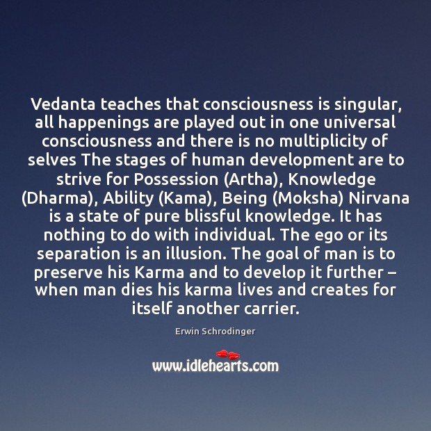 Vedanta teaches that consciousness is singular, all happenings are played out in Erwin Schrodinger Picture Quote