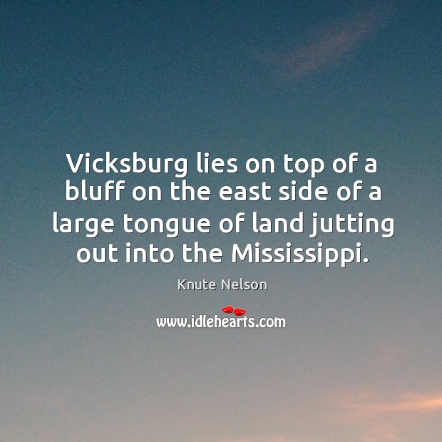 Vicksburg lies on top of a bluff on the east side of a large tongue of land jutting out into the mississippi. Knute Nelson Picture Quote