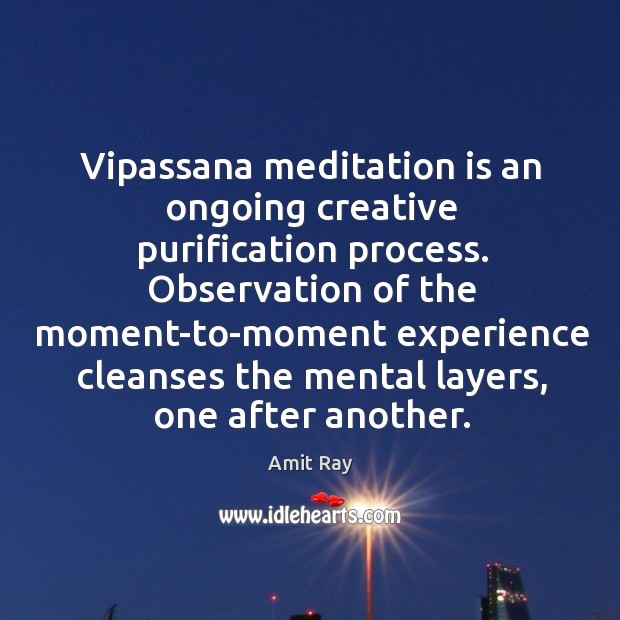 Vipassana meditation is an ongoing creative purification process. Observation of the moment-to-moment Amit Ray Picture Quote