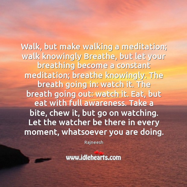 Walk, but make walking a meditation; walk knowingly Breathe, but let your Rajneesh Picture Quote