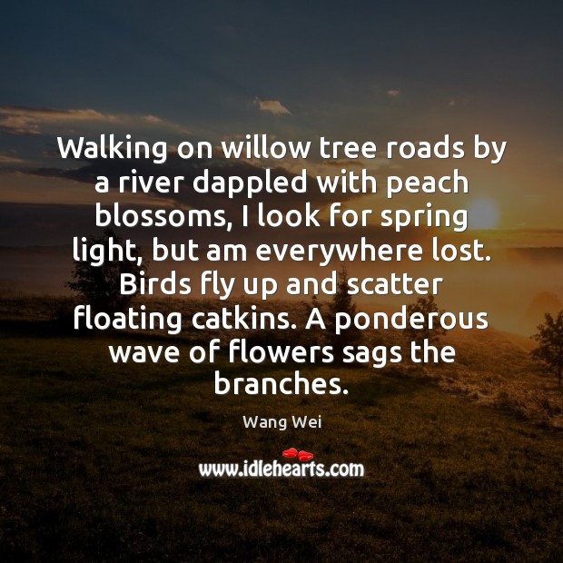 Walking on willow tree roads by a river dappled with peach blossoms, Image