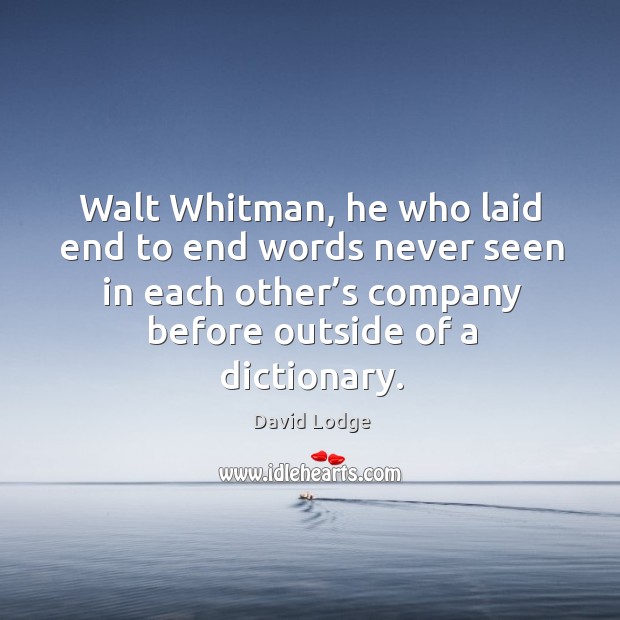 Walt whitman, he who laid end to end words never seen in each other’s company before outside of a dictionary. David Lodge Picture Quote