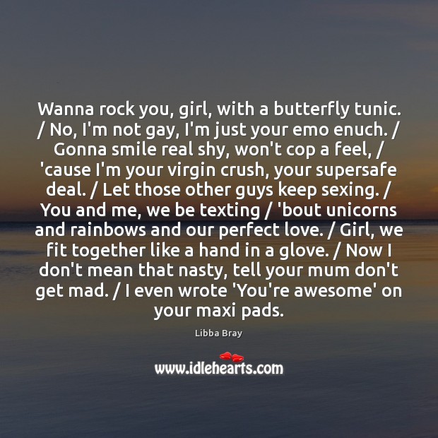 Wanna rock you, girl, with a butterfly tunic. / No, I’m not gay, Libba Bray Picture Quote