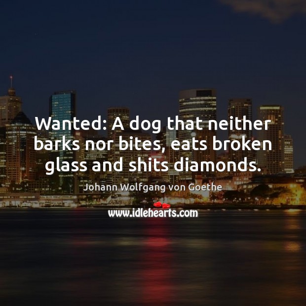 Wanted: A dog that neither barks nor bites, eats broken glass and shits diamonds. Johann Wolfgang von Goethe Picture Quote