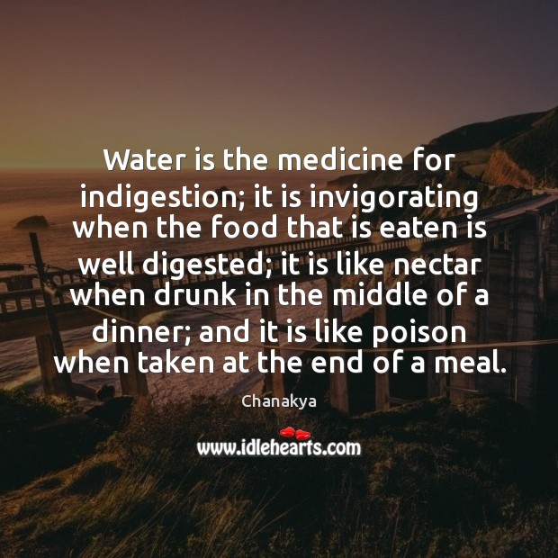 Water is the medicine for indigestion; it is invigorating when the food Chanakya Picture Quote