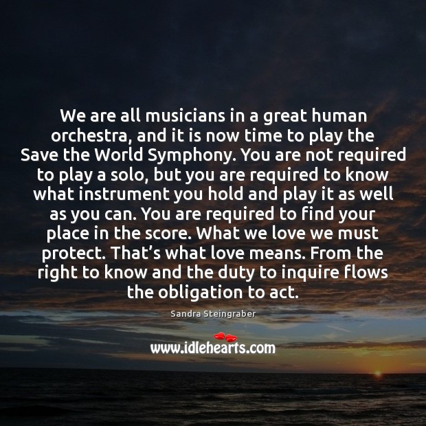 We are all musicians in a great human orchestra, and it is Sandra Steingraber Picture Quote