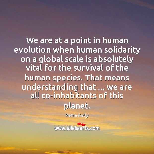 We are at a point in human evolution when human solidarity on Petra Kelly Picture Quote