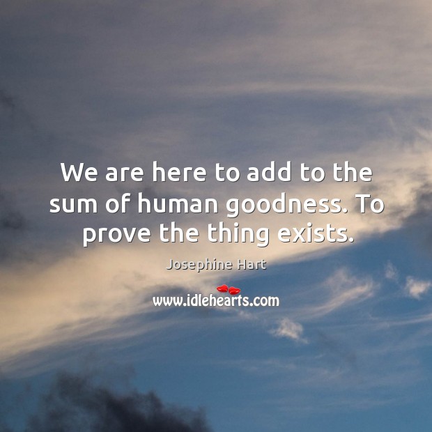 We are here to add to the sum of human goodness. To prove the thing exists. Josephine Hart Picture Quote